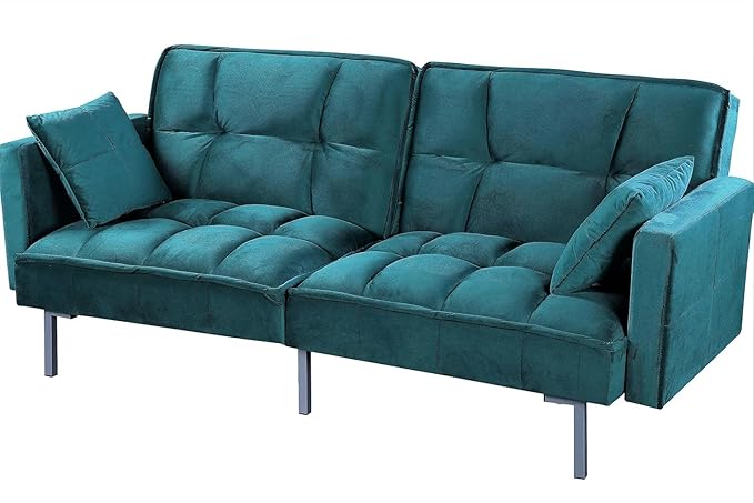 Container Furniture Direct Regal 75.6" Velvet Convertible Sofa Bed - Mid-Century Sleeper Couch w/Tufted Design & Metal Legs - Pull-Out Futon for Guests/Home (75.6" W x 34.6" D x 32" H), Blue