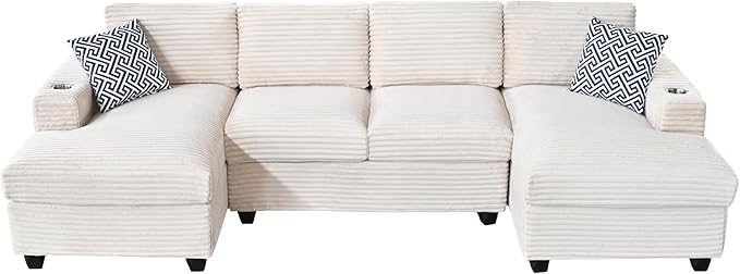 Ball & Cast 124" U-Shaped Sectional Sofa Couches for Living Room with Double Chaise,Cup Holders & Pillows,4 Seat Striped Corduroy Upholstered Modern Modular Sectional Sofa Set,for Home,Office,Beige