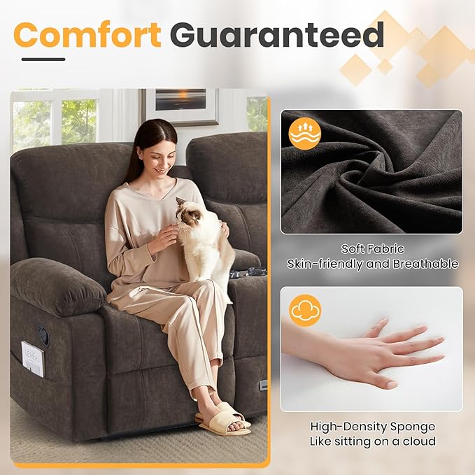 Reclining Loveseat with Console, Loveseat Recliner Sofa with Massage & Heating, RV Wall Hugger Double Loveseat Recliner Couch for Living Room & Home Theater (Chenille-Brown-2)