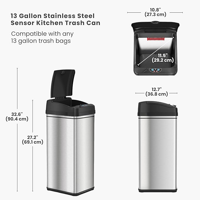 iTouchless 13 Gallon Patented Sensor Trash Can with Lid & Odor Filter, Original Inventor 50L Automatic Kitchen Garbage Bin, Fingerprint-Proof Stainless Steel, Pet-Proof Lock, Soft-Close, Silver
