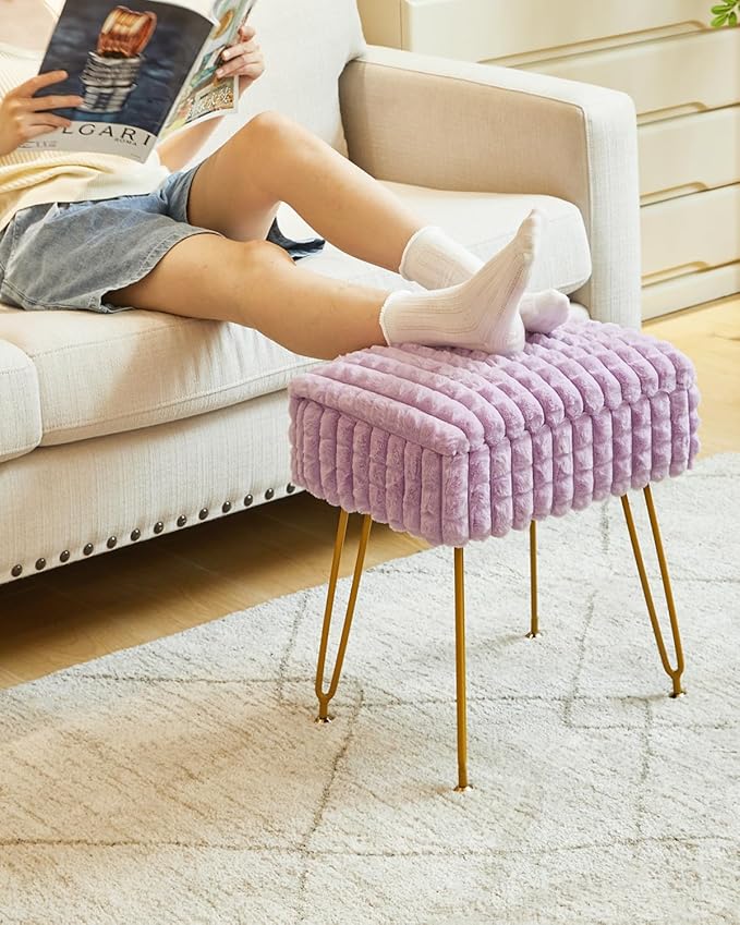 IBUYKE Rectangle Vanity Chair with Storage Space, Footrest Footstool Ottoman, Vanity Stool, Dressing Table Chair, with Anti-Slip Feet, for Makeup Room, Bedroom, Square Grid Pattern, Purple WBD004V