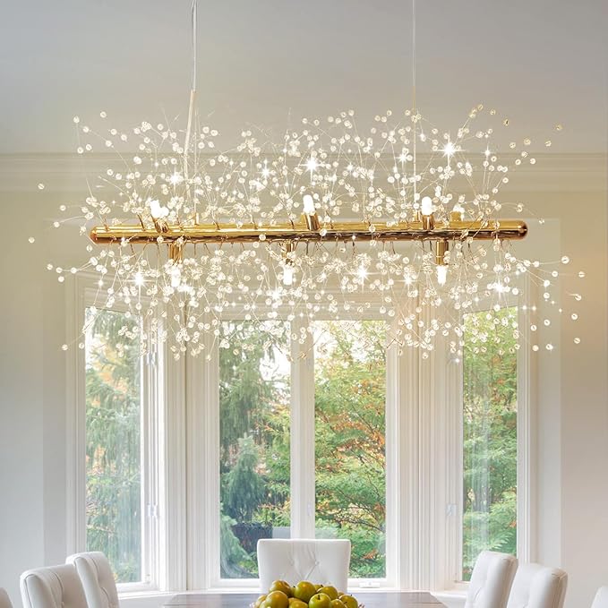 Depuley 27.5" Modern Gold Crystal Firework Chandelier, 9-Light Crystal Light Fixture Hanging, Linear Dandelion Chandelier, Sputnik Ceiling Pendant Light Fixtures for Dining Room(G9 Bulbs Included)
