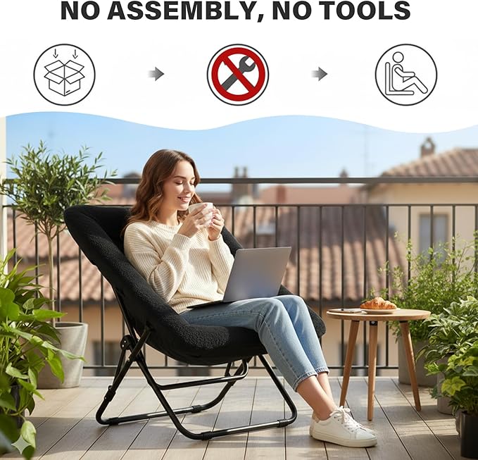 Tiita Comfy Folded Chair, Soft Faux Fur Oversized Folding Accent Chair, Lazy Chair for Teens Adults, Metal Frame Moon Chair for Bedroom, Living Room, Dorm Rooms