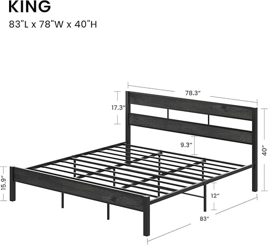 LIKIMIO King Bed Frame, with Headboard, Easy Assembly, Noise-Free, No Box Spring Needed, Heavy Strong Metal Support Frames, Charcoal Grey
