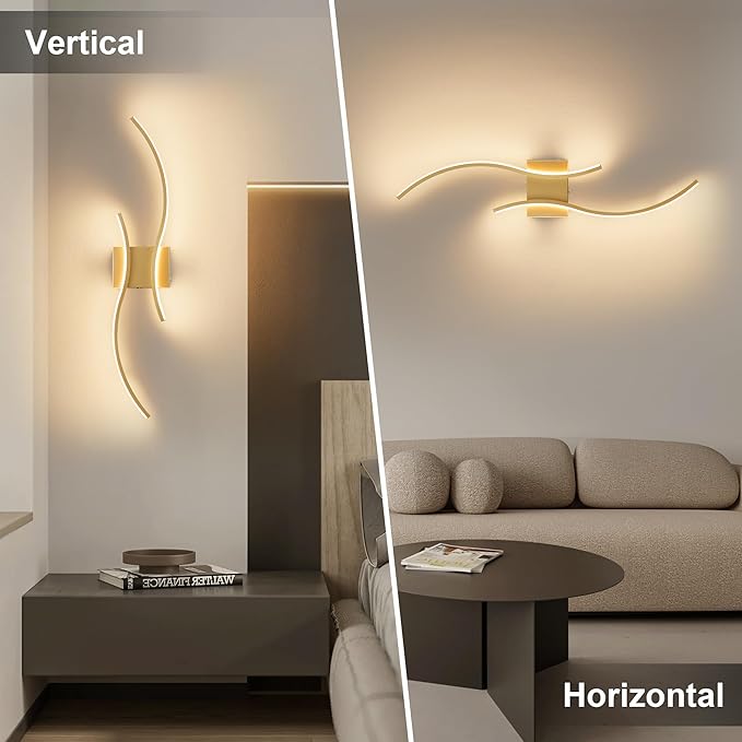 Battery Operated Wall Sconces Set of Two with Remote Control, Battery Wall Light, Stepless Colors 3000K-6000K & Dimming, Gold Led Wall Lights for Living Room, Hallway, Bedroom, 27.5 Inch (2 Pack)