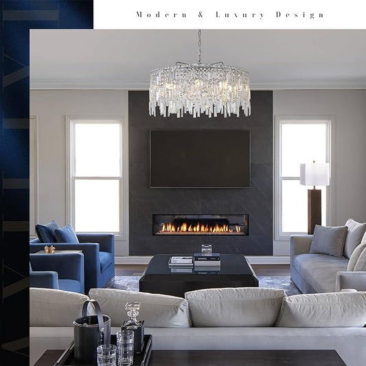 Large Crystal Chandelier 30'' Chrome Modern Chandelier for Dining Room 10 Light Drum Chandelier Luxury K9 Raindrop Crystal Ceiling Pendant Fixtures for Living Room Bedroom Staircase Foyer