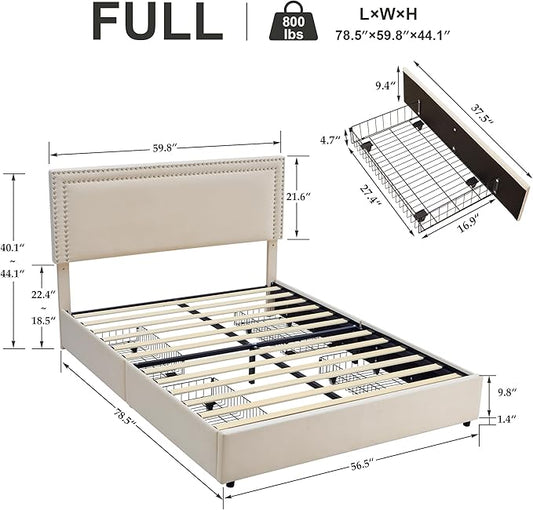 VECELO Full Size Upholstered Platform Bed Frame with 4 Storage Drawers, Adjustable Velvet Rivets Headboard, Wooden Slats Support, No Box Spring Needed, Easy Assembly