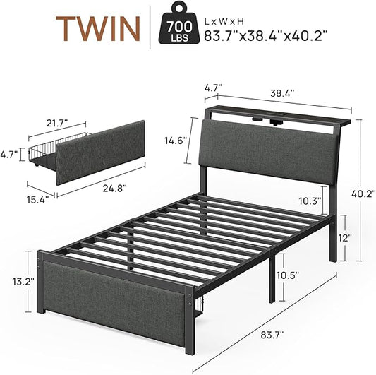 Rolanstar Twin Bed Frame with Ergonomic Headboard Storage & Charging Station, Upholstered Platform Bed with LED Light & Drawer, Heavy Duty Metal Slats, Noise Free, No Box Spring Needed, Grey