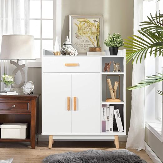 Giantex Floor Storage Cabinet, Freestanding Cupboard with 1 Drawer, 2 Doors, 3 Shelves, 4 Rubber Wood Legs, Sideboard, Entryway Unit for Home Office, Living Room, Storage Organizer (White)