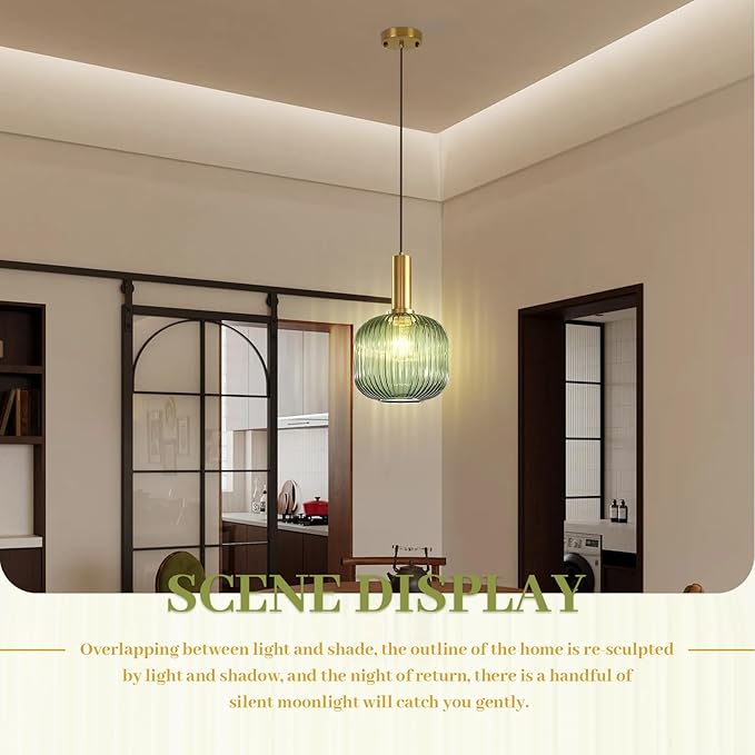 Green Glass Pendant Light Vintage Kitchen Pendant Lighting Over Island Sink Mid Century Modern Gold Hanging Pendant Light Fixture for Bedroom Living Room Dining Room