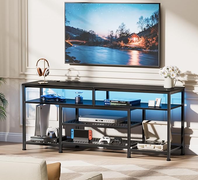 Furologee TV Stand with Power Outlets and LED Lights, 55 Inch Entertainment Center for 55 60 Inch TVs, Media Console Table with Open Shelves, for Bedroom, Living Room, Black