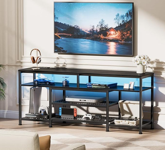 Furologee TV Stand with Power Outlets and LED Lights, 55 Inch Entertainment Center for 55 60 Inch TVs, Media Console Table with Open Shelves, for Bedroom, Living Room, Black