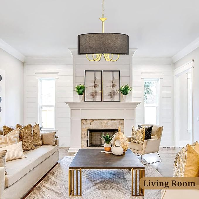 6-Light Gold Drum Chandelier, 18'' Farmhouse Dining Room Light Fixture Black Linen Drum Chandelier, Brass Round Chandelier Hanging Pendant Light for Bedroom Living Room Kitchen Foyer
