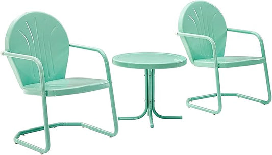 Crosley Furniture Griffith 3-Piece Outdoor Chair and Side Table Set, Retro Metal Bistro Patio Sets for Porch, Aqua