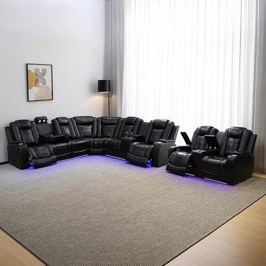 Power Leather Recliner Sectional Sofa with LED Light,L Shaped Reclining Couch with USB Charger/Cup Holder/Storage,Leather Sofa for Living Room Furniture Sets(Black Stripes,Sectional+2 Seats)