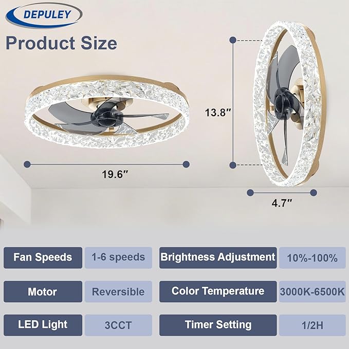 Depuley Ceiling Fans with Lights and Remote: 20" Modern Low Profile Flush Mount Ceiling Fan with App Remote Control - Gold Fandelier for Bedroom Living Room Kitchen Dimmable Quiet DC Motor