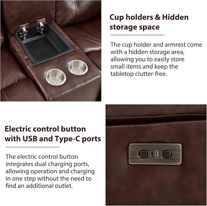 CANMOV Genuine Leather Power Recliner Sofa Set, Two Power Recliner Chair and Loveseat Set, 3 Pieces Leather Couch with Storage Console, USB Ports, Cup Holders for Living Room,Dark Brown