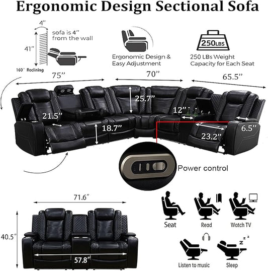 Power Reclining Sofa Set with LED Light, Living Room Furiture Set,Leather Reclining Sectional Couch with USB Port/Cup Holder for Living Room Home Office