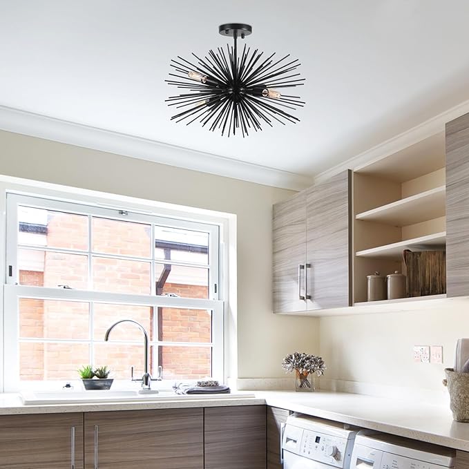 20in Black Sputnik Ceiling Light Fixtures Over Table 4-Lights Starburst Sputnik Chandelier Modern Solid Metal Semi Flush Mount Ceiling Light for Bedroom, Kitchen, Hallway, Laundry Room, E12