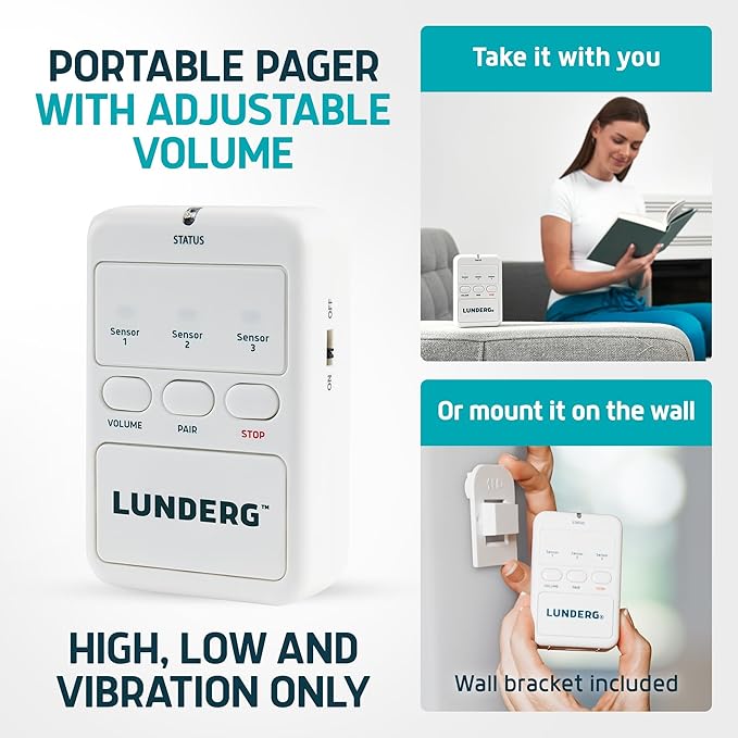 Lunderg Bed Alarm for Elderly Adults & Chair Alarm Set - Wireless Early-Alert Sensor Pad, Chair Pad & Pager - Bed Alarms and Fall Prevention for Elderly and Dementia Patients - Full Caregiver Set
