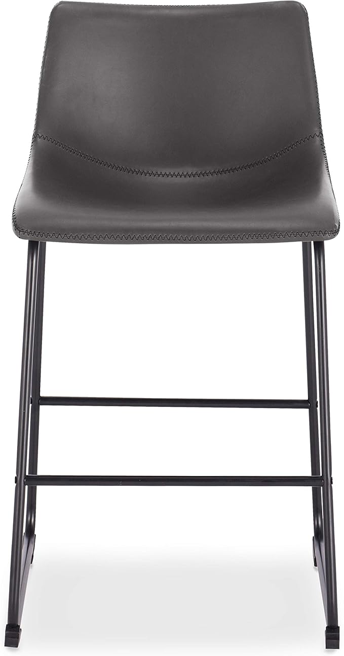 POLY & BARK Brinley Counter Stool Set of 3 – Modern Armless Counter-Height Stools with Gently Curved Backrest and Wood Legs – Gray – Faux Leather Seating for Kitchen Island or Breakfast Bar