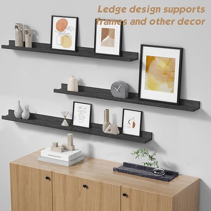Forbena 48 Inch Black Picture Ledge Shelf Set of 4, Extra Long Floating Shelves for Wall with Lip, Narrow Wall Mounted Shelves for Living Room Bedroom Photo Frames, Art Pictures, Books, Legos