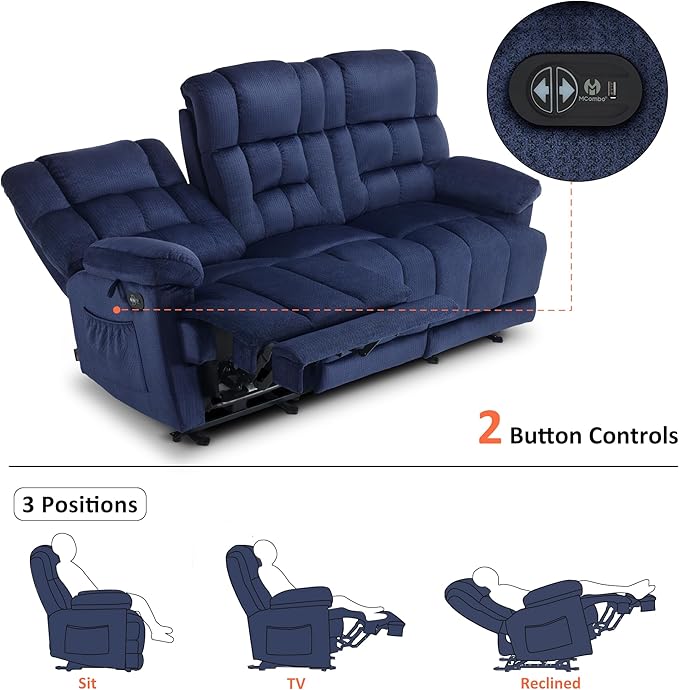 MCombo Zero Gravity Power Recliner Sofa with Drop Down Table, Heat and Vibration Massage, 3 Seater Dual Reclining Couch with USB Ports, Cup Holders for Living Room, Fabric RS6236 (Navy Blue)