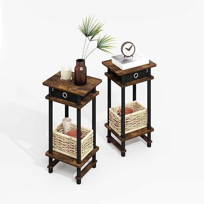 Furinno Modern Side Table Set of 2, 3-Tier End Table with Storage Bin, Open Shelf Night Stand, Bedside Table, for Living Room, Bedroom, Amber Oak