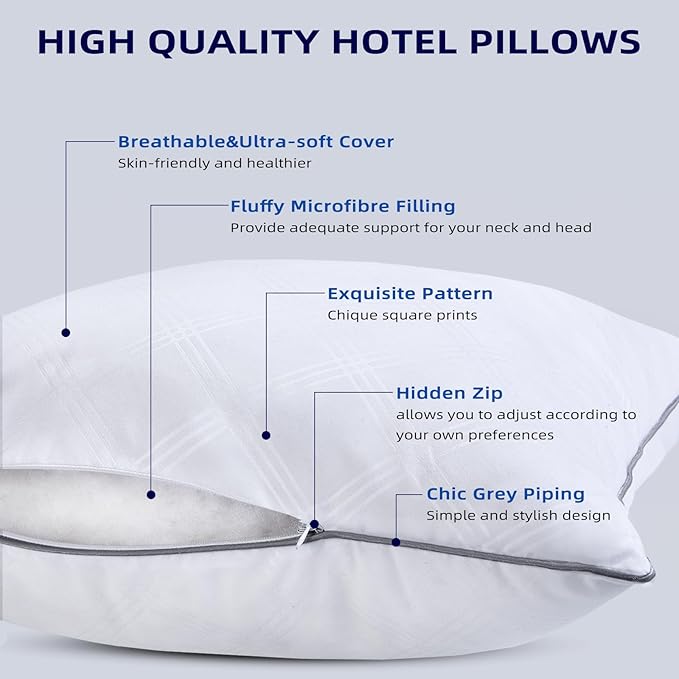 Pillows Queen Size Set of 2, Bed Pillows for Sleeping, Down Alternative Pillow with Machine Washable Cover for Back, Stomach or Side Sleepers