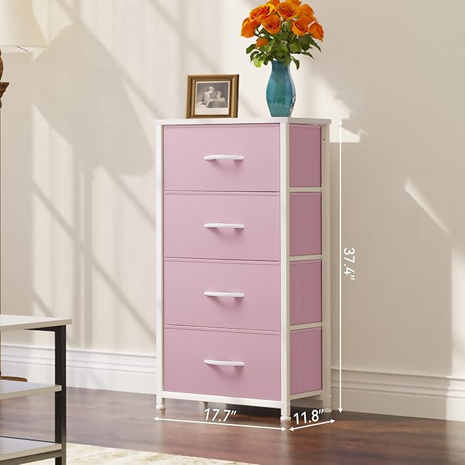YITAHOME Dresser with 4 Drawers - Storage Tower Unit, Fabric Dresser for Living Room, Closets - Sturdy Steel Frame, Wooden Top & Easy Pull Fabric Bins (Pink)