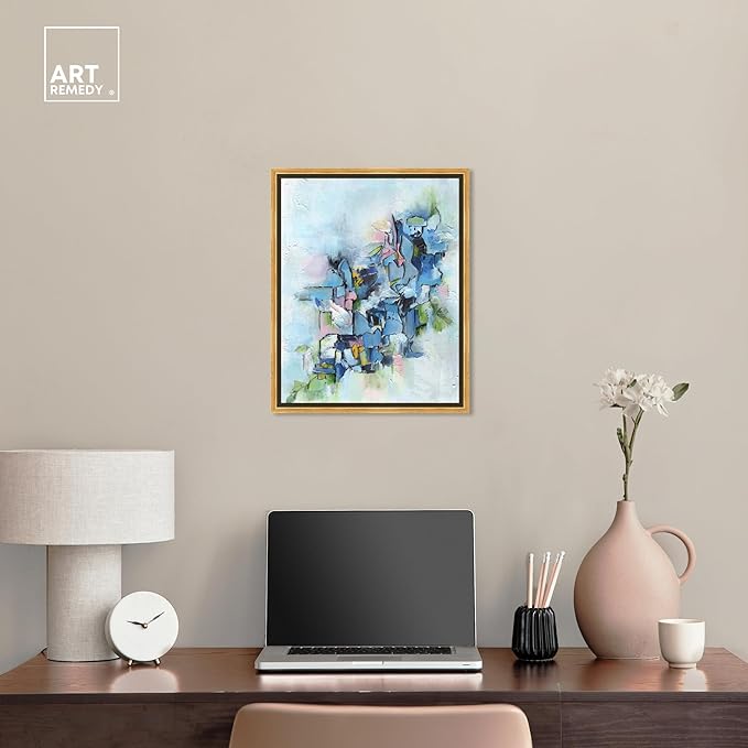 Art Remedy Poesy Canvas Modern Blue Abstract Wall Art, Gold Frame, 16" x 20"