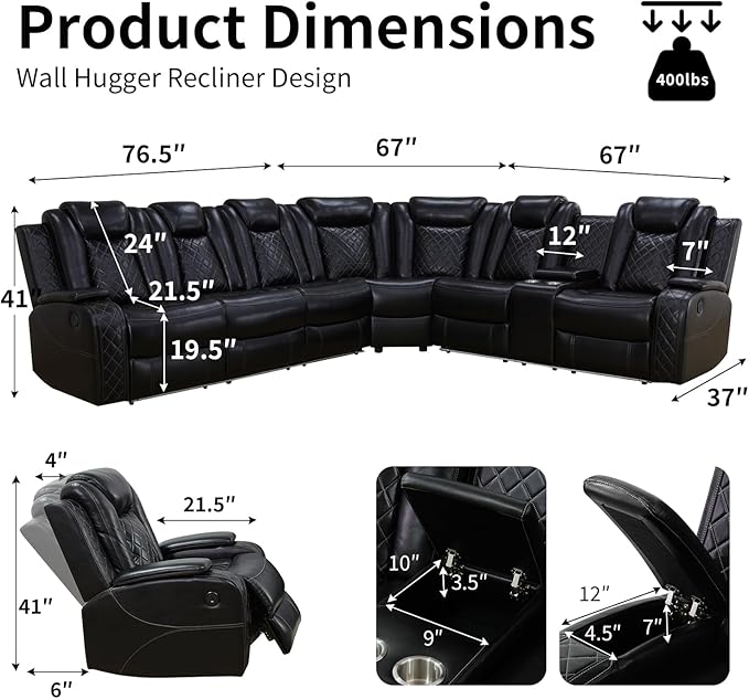 Power Leather Recliner Sectional Sofa with LED Light,L Shaped Reclining Couch with USB Charger/Cup Holder/Storage,Leather Sofa for Living Room Furniture Sets(Black,Sectional)