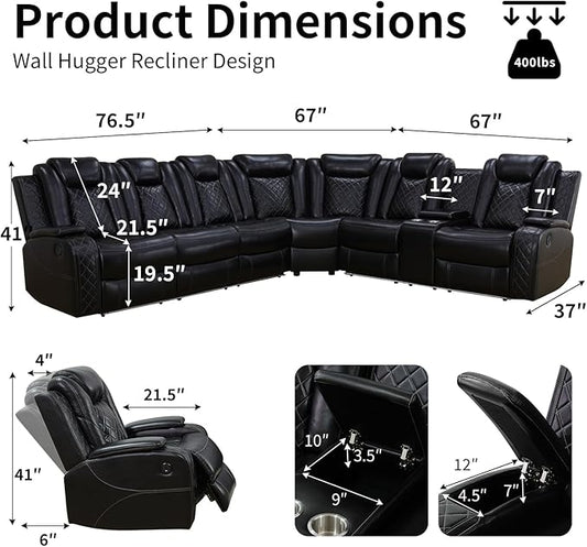 Power Leather Recliner Sectional Sofa with LED Light,L Shaped Reclining Couch with USB Charger/Cup Holder/Storage,Leather Sofa for Living Room Furniture Sets(Black,Sectional)
