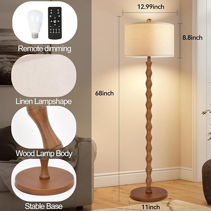 Wood Floor Lamp with 3 Color Temperatures,Boho Floor Lamp with Remote Control,Dimmable LED Floor Lamp Mid Century Modern Standing Lamp Farmhouse Tall Pole Lamp for Living Room Bedroom