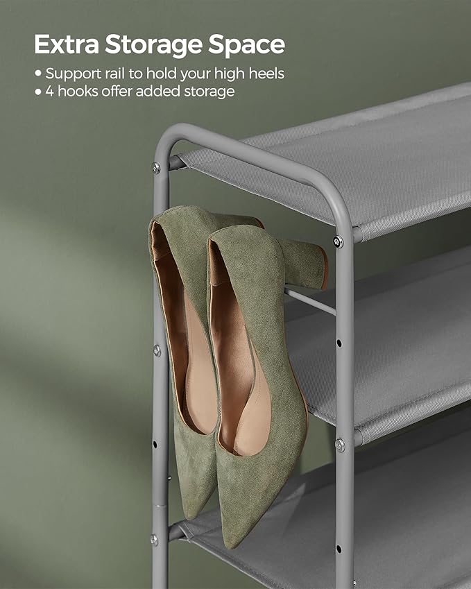 SONGMICS Shoe Rack, 3-Tier Shoe Organizer, Fabric Shoe Shelf Storage with 4 Hooks, Holds up to 18 Pairs of Shoes, Height-Adjustable Shoe Rack for Entryway, Hallway, Closet, Easy Assembly, Dove Gray