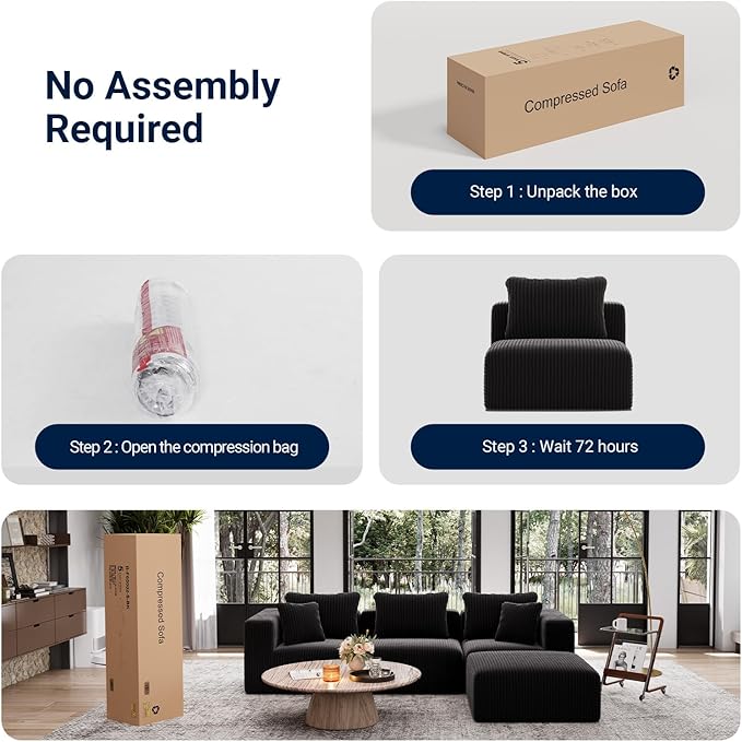 Avenco 141” U-Shaped Modular Sectional Couch Sofa with 4 Ottomans, Individually Wrapped Coil Support & Corduroy Fabric, Zero Assembly 8-Piece Set for Spacious Living Room, Black