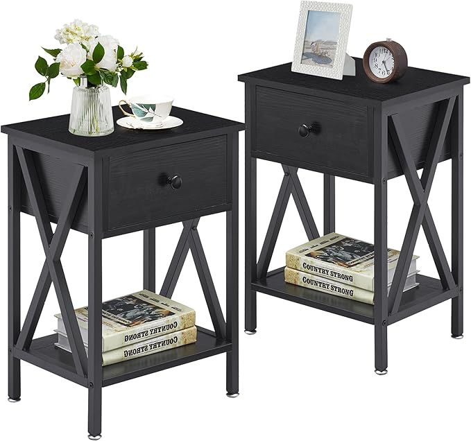 VECELO End Tables, Modern Nightstand with Drawer & Shelf, Night Stand for Bedroom Living Room,Industrial Metal Frame