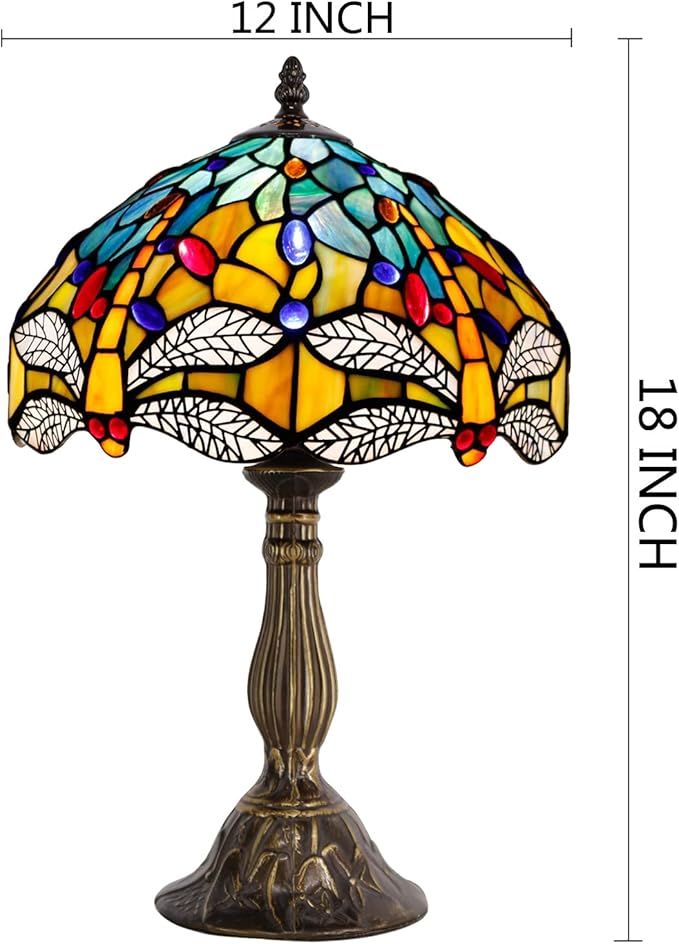 WERFACTORY Tiffany Lamp Sea Blue Yellow Stained Glass Dragonfly Style Table Lamp Nautical Reading Desk Bedside Light 12X12X18 Inches Decor Bedroom Living Room Home Office S128 Series
