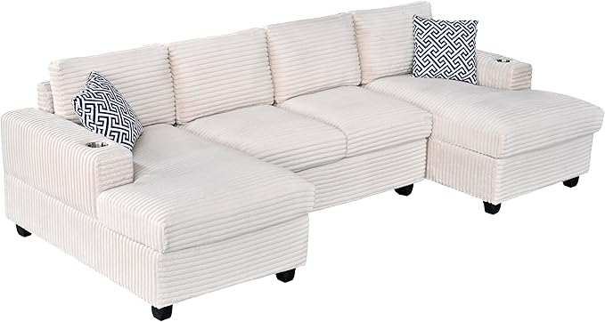 Ball & Cast 124" U-Shaped Sectional Sofa Couches for Living Room with Double Chaise,Cup Holders & Pillows,4 Seat Striped Corduroy Upholstered Modern Modular Sectional Sofa Set,for Home,Office,Beige