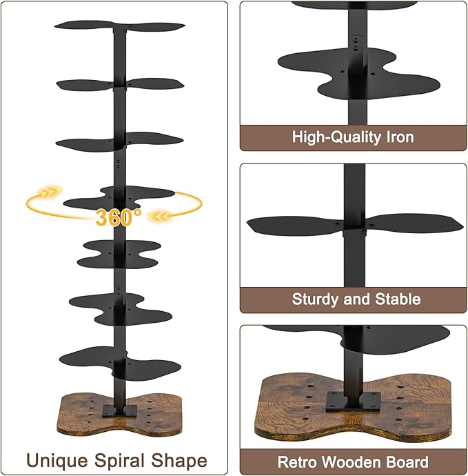 7 Tier Rotating Bookshelf, 360° Display Spinning Bookcase, Metal Corner Bookcases Storage Rack, Tall Floor Standing Revolving Bookshelves Narrow Book Shelf Organizer for Home Office, Black