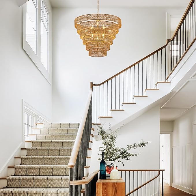 31.5” Large Boho Rattan Chandelier Light Fixture, 12-Light Golden Hand Woven Chandeliers 6-Tier Vintage Farmhouse Wicker Gold Chandelier for Dining Room, Kitchen, Bedroom, Living Room, Foyer
