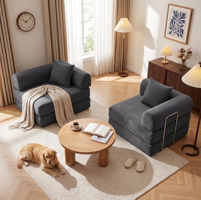 Convertible Compressed Corduroy Folding Cloud Sofa Bed, 59'' Modern Boneless Pull Out Loveseat Sleeper in a Box, 5 in 1 Floor Mattress Futon Cloud Couch, No Assembly Needed, Dark Grey, Pillows, Queen