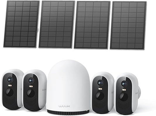 WUUK Solar Security Cameras Wireless Outdoor, Home Surveillance System, 2K, No Monthly Fee, Motion Alert, Night Vision, 2.4/5 GHz WiFi, 32G Local Storage, Compatible with Alexa & Google, 4-Camera Kit