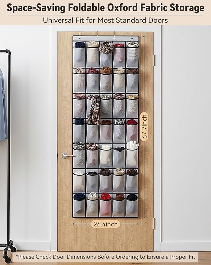 dodowin Over the Door Shoe Organizer Rack, 35 Large Breathable Mesh Pockets, Foldable Hanging Storage Holder for Closet Door, Space Saving Shoe & Accessory Organizer with 4 Metal Hooks, Gray