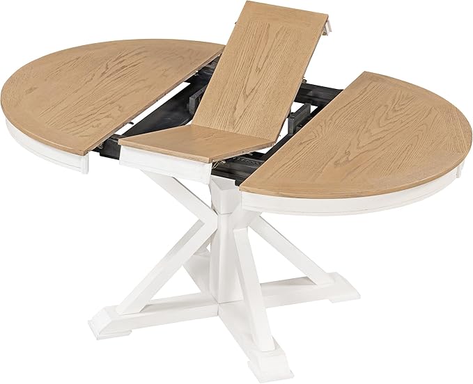 Ball & Cast Farmhouse Extendable Dining Table for 4-6, 42"-54" Extendable Kitchen-Table with a 12" Leaf, Round Ellipse Retro Wood Dining Room-Table w/Removable Leaves,Space Saving, Oak+Off White