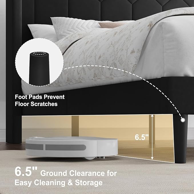 Full Size Bed Frame with Velvet Upholstered Headboard, Platform Bed Frame No Box Spring Needed, Modern Bedframe with Strong Wooden Slats, Black