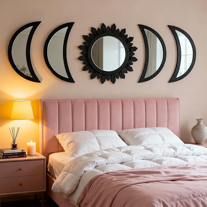5 Pieces Moon Phase Mirror Wall-Mounted Wall Decor Mirrors Natural Wooden Sunburst Bohemian Wall Art for Home Living Room Bedroom Decoration