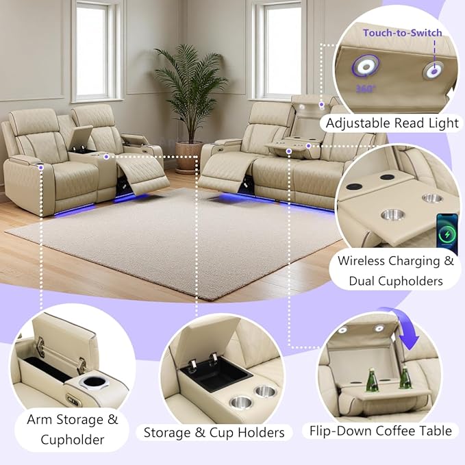 Power Recliner Sofa Set, Living Room Furniture Sets, Leather Reclining Sofa Set, Recliner Couch Loveseat and Chair with Coffee Table/Cup Holders/Charging Port for Home Theater Seat, Khaki