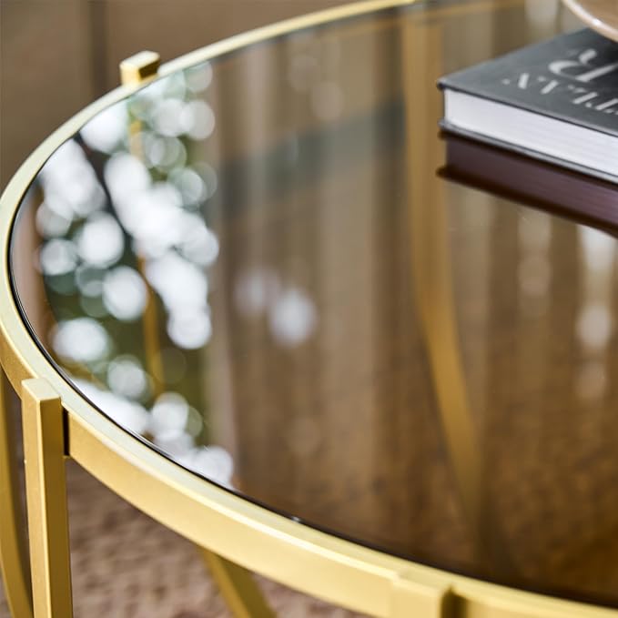 Saint Mossi Glass Round Coffee Table for Living Room, Modern 2-Tier Gold Drum Center Table, Brown Glass Top, Walnut Shelf with Gold Finish Legs & Frame, W30xH16.5