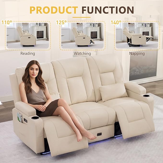 URRED Power Loveseat Recliner Sofa with Console, Wall Hugger Reclining Loveseat RV Couch with LED Light, 150° Zero Gravity Recliners Modular Couches for Living Room (Beige, 77.3'' - 3 Seats)